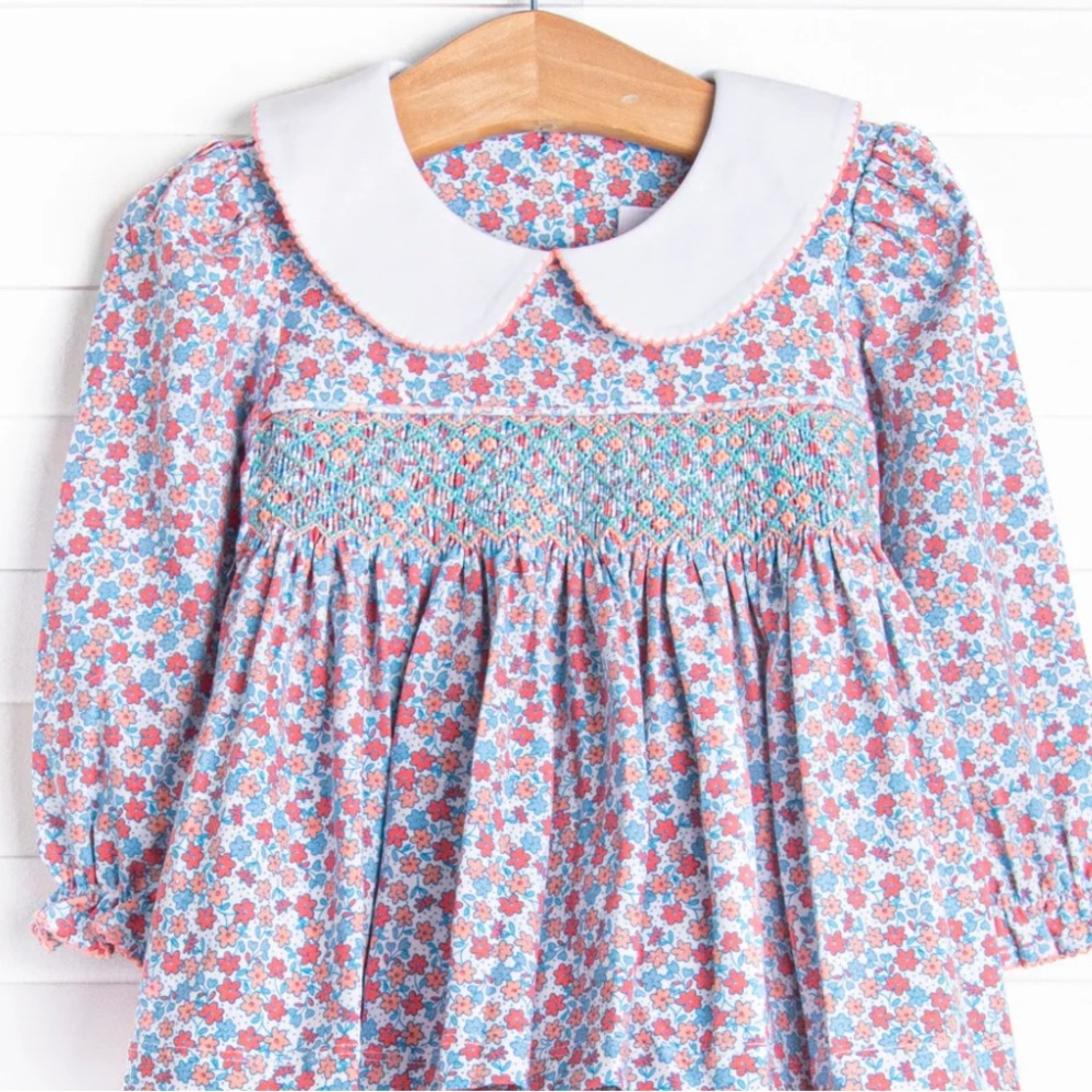 White and Blue Smocked Blouse with Peter Pan Collar